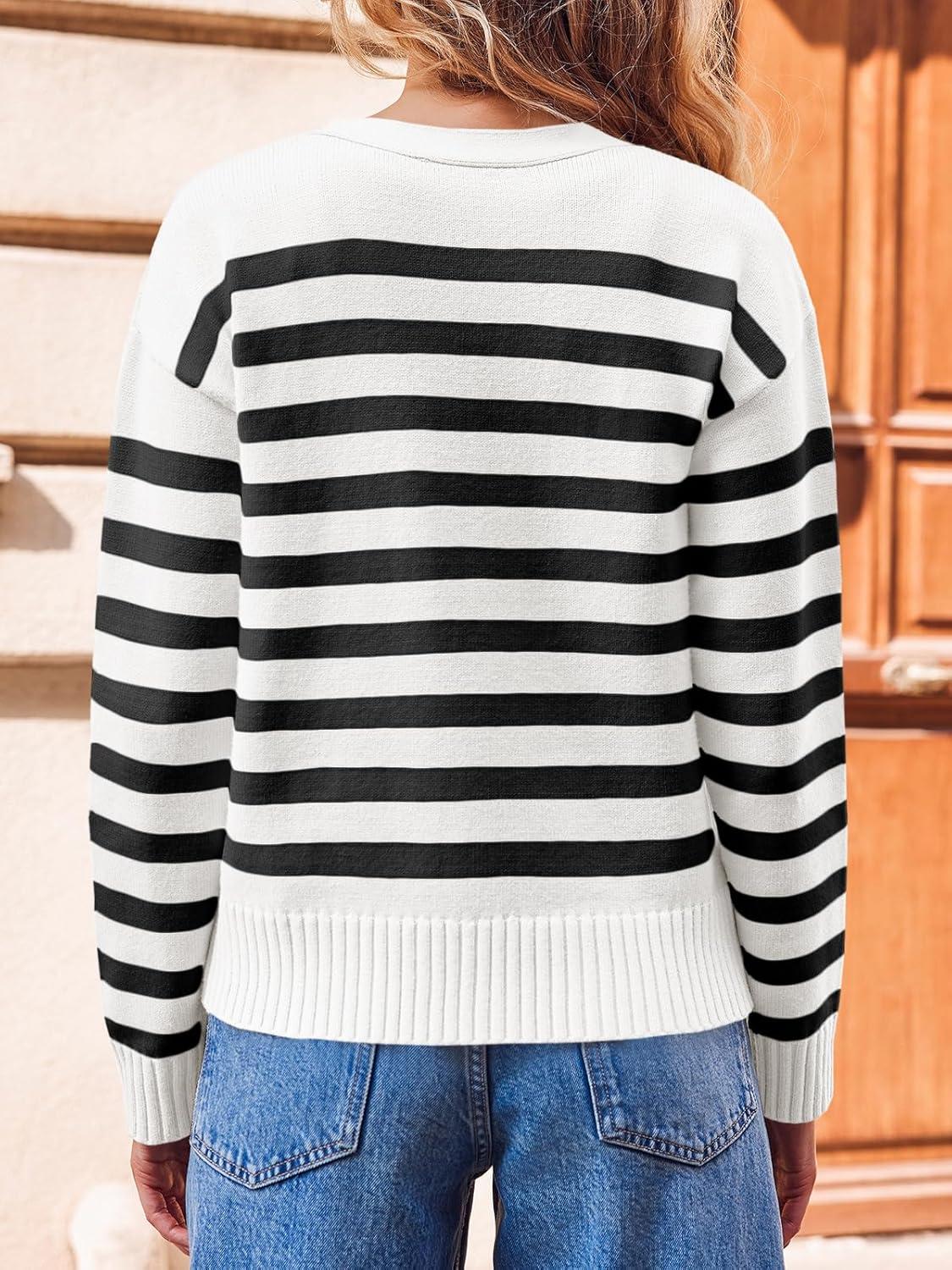 image:imageSaodimallsu Womens Striped Cardigan Sweaters V Neck Button Down Long Sleeve Open Front Ribbed Knit OuterwearWhite