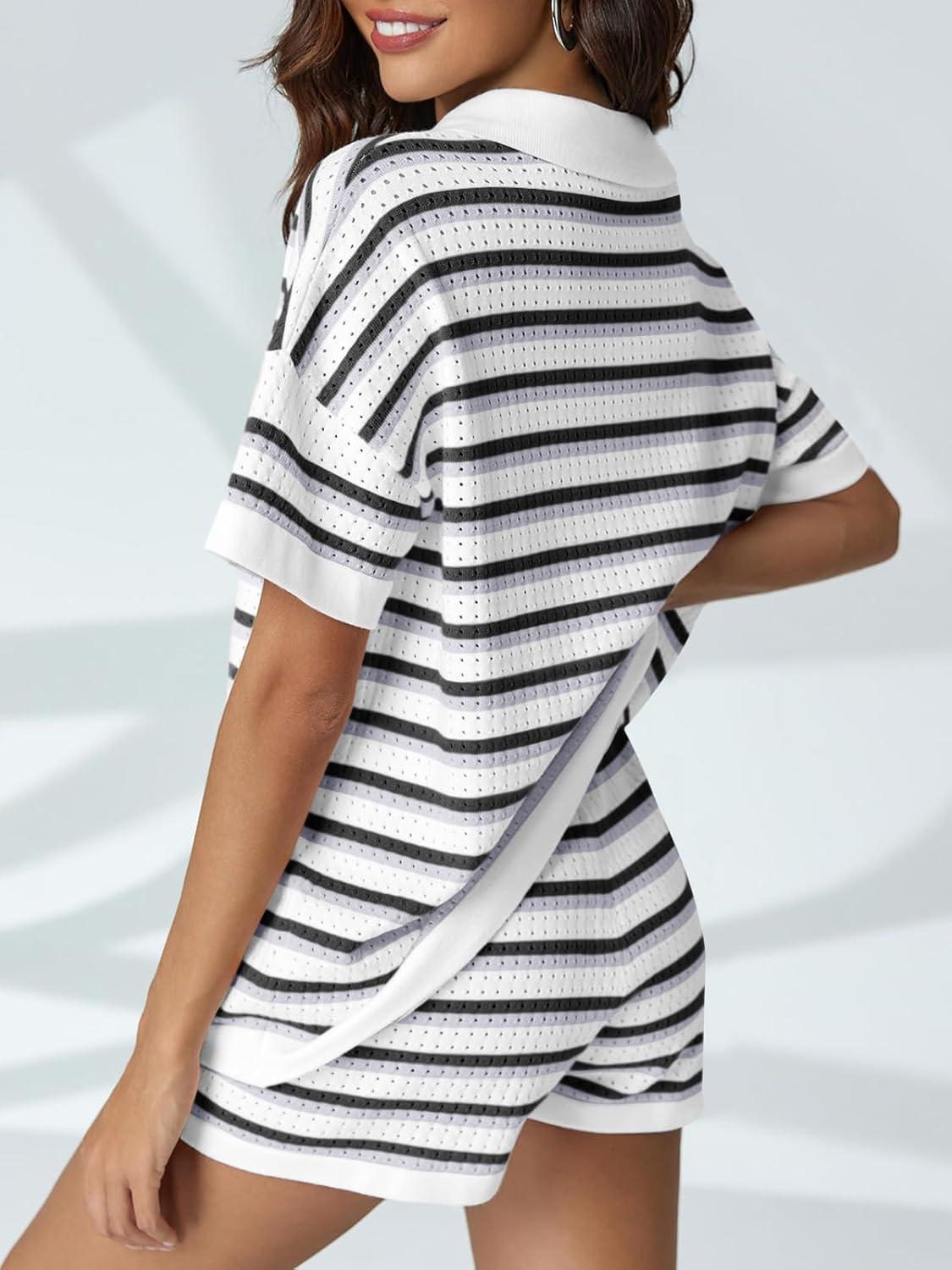 image:imageSaodimallsu Womens Striped Pajama Sets Short Sleeve Color Block Crochet Knit Button Top and Shorts 2 Piece Summer SetsBlack