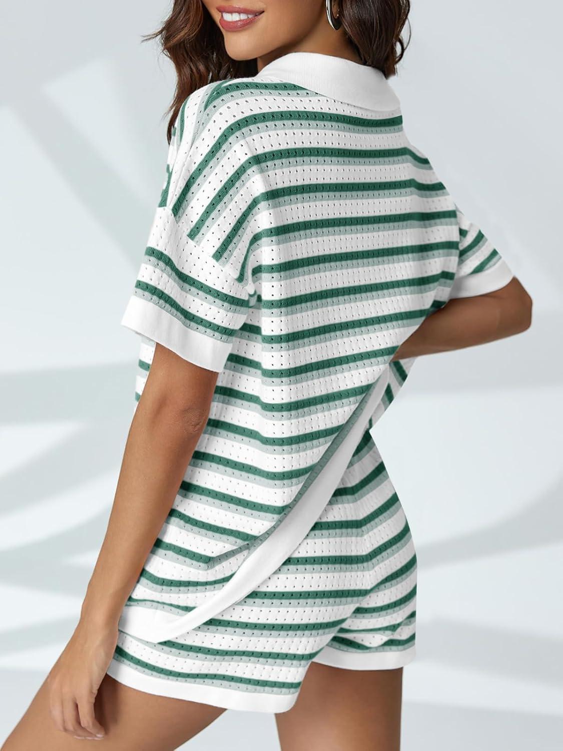 image:imageSaodimallsu Womens Striped Pajama Sets Short Sleeve Color Block Crochet Knit Button Top and Shorts 2 Piece Summer SetsDark Green