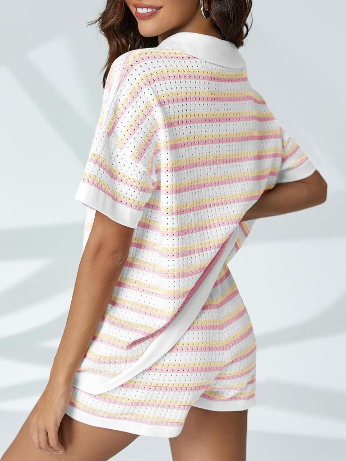 image:imageSaodimallsu Womens Striped Pajama Sets Short Sleeve Color Block Crochet Knit Button Top and Shorts 2 Piece Summer SetsGoose Yellow