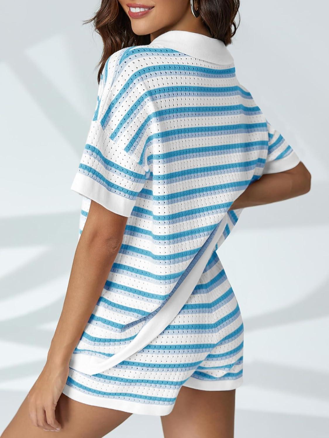 image:imageSaodimallsu Womens Striped Pajama Sets Short Sleeve Color Block Crochet Knit Button Top and Shorts 2 Piece Summer SetsLake Blue