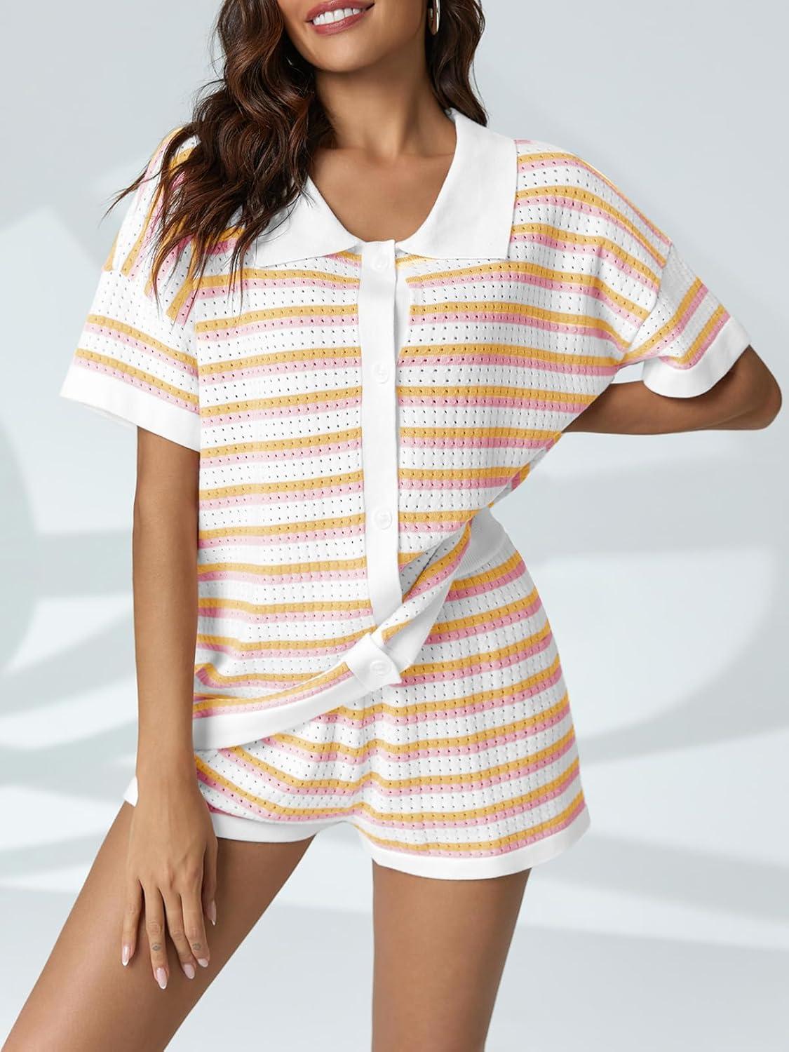 image:imageSaodimallsu Womens Striped Pajama Sets Short Sleeve Color Block Crochet Knit Button Top and Shorts 2 Piece Summer SetsMulticolor