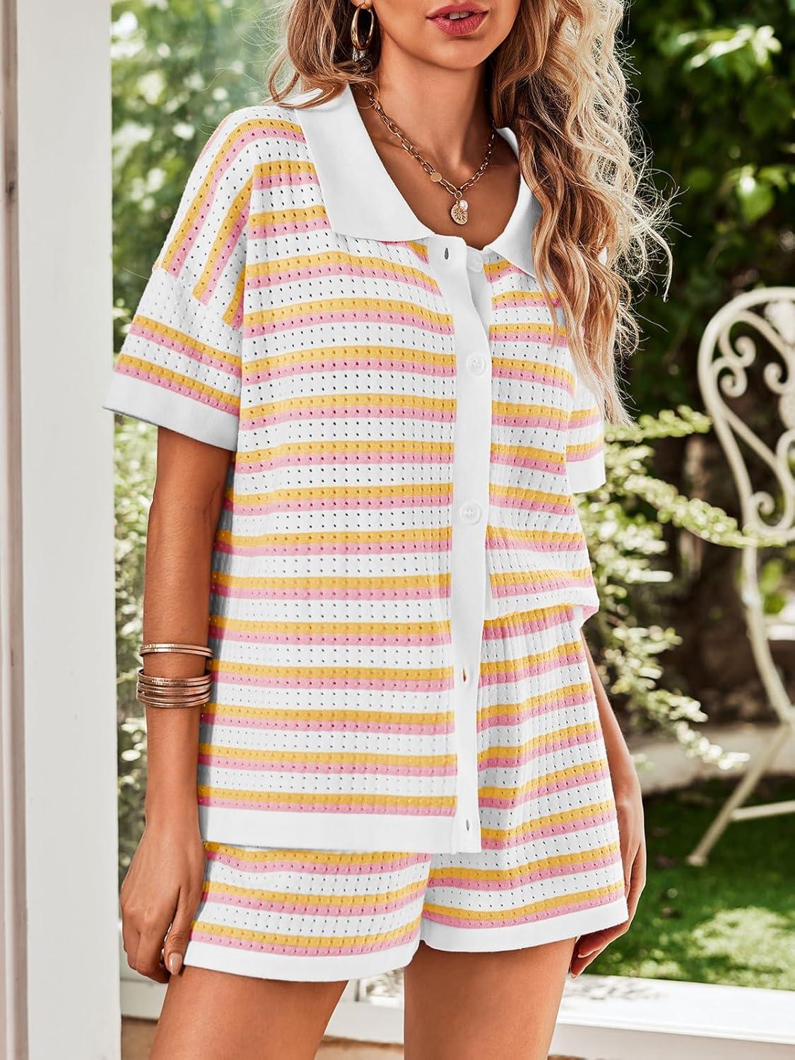 image:imageSaodimallsu Womens Striped Pajama Sets Short Sleeve Color Block Crochet Knit Button Top and Shorts 2 Piece Summer SetsMulticolor