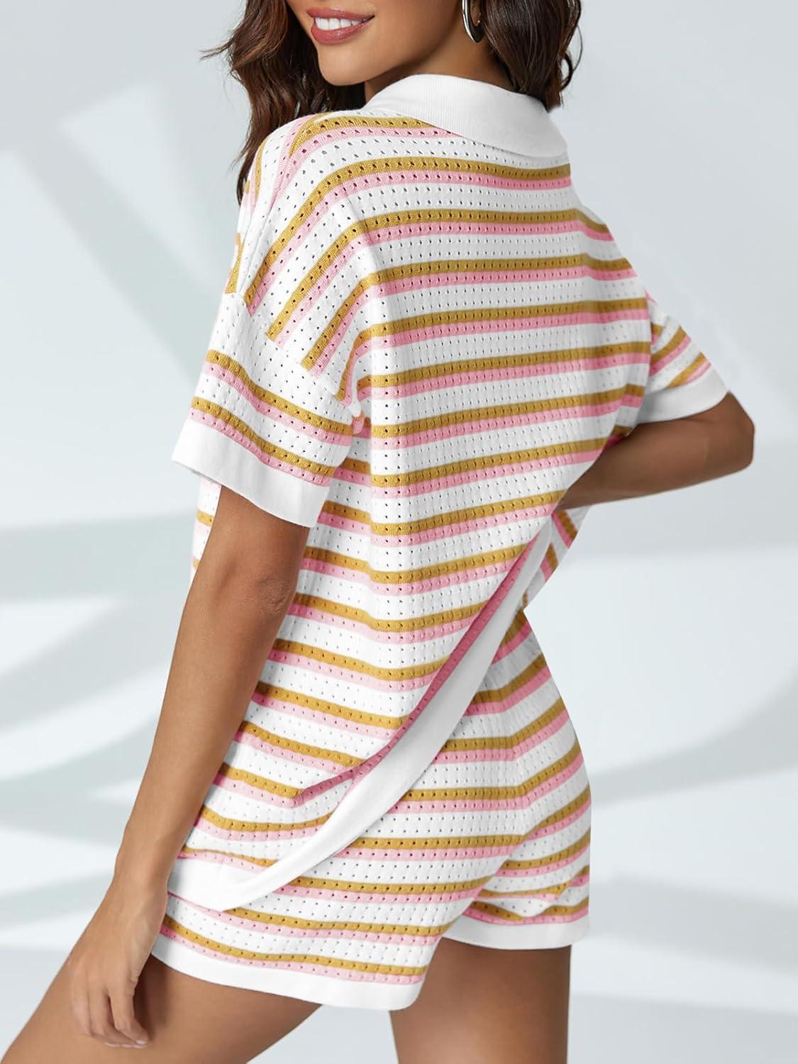 image:imageSaodimallsu Womens Striped Pajama Sets Short Sleeve Color Block Crochet Knit Button Top and Shorts 2 Piece Summer SetsMulticolor