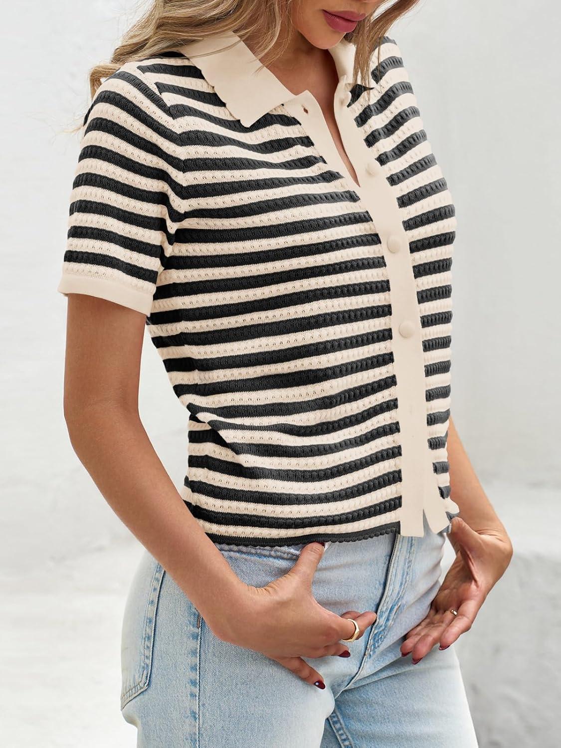 image:imageSaodimallsu Womens Striped Short Sleeve Sweater Tops Polo Collared Button Crochet Summer Cropped CardiganApricot