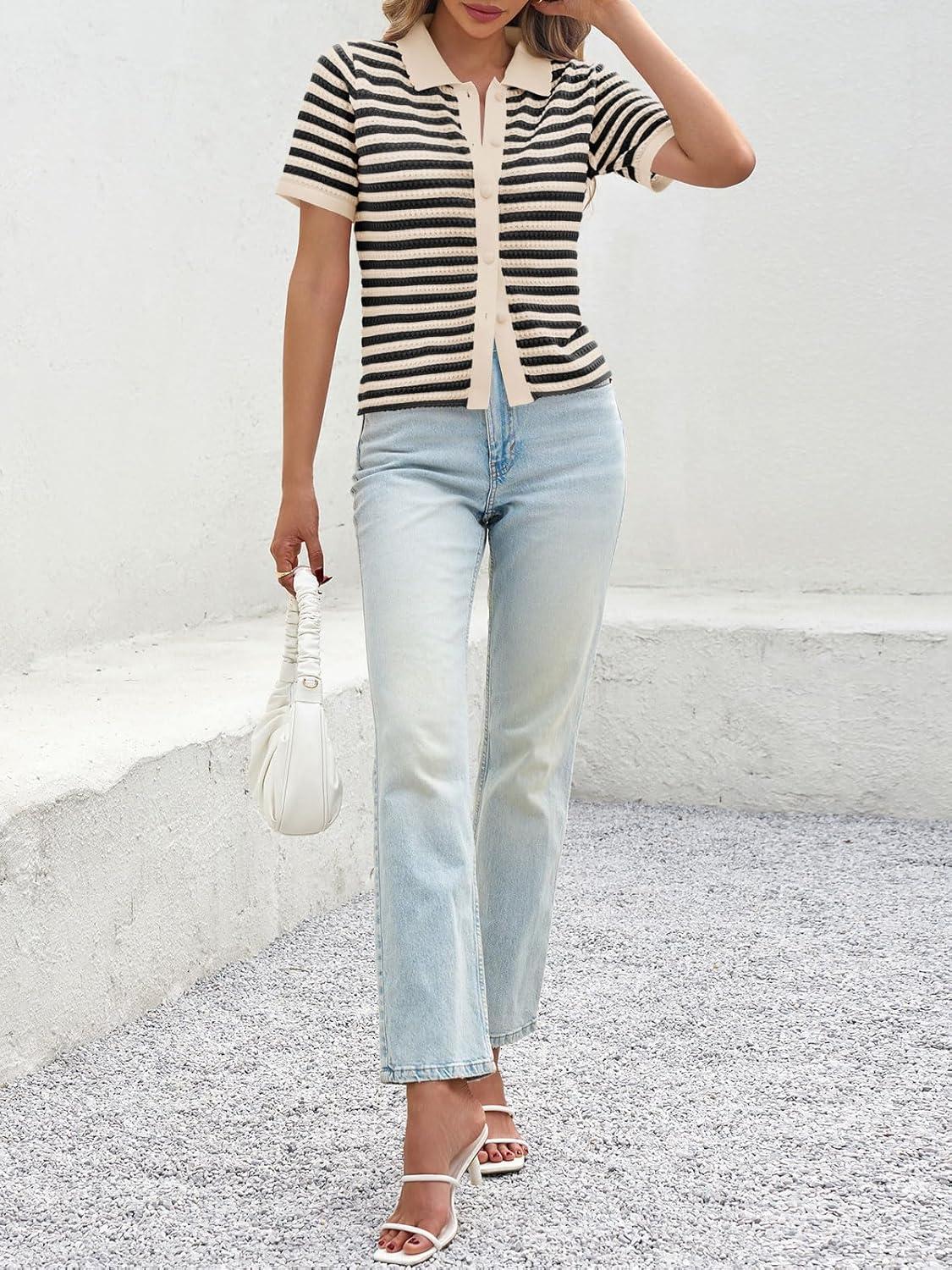 image:imageSaodimallsu Womens Striped Short Sleeve Sweater Tops Polo Collared Button Crochet Summer Cropped CardiganApricot