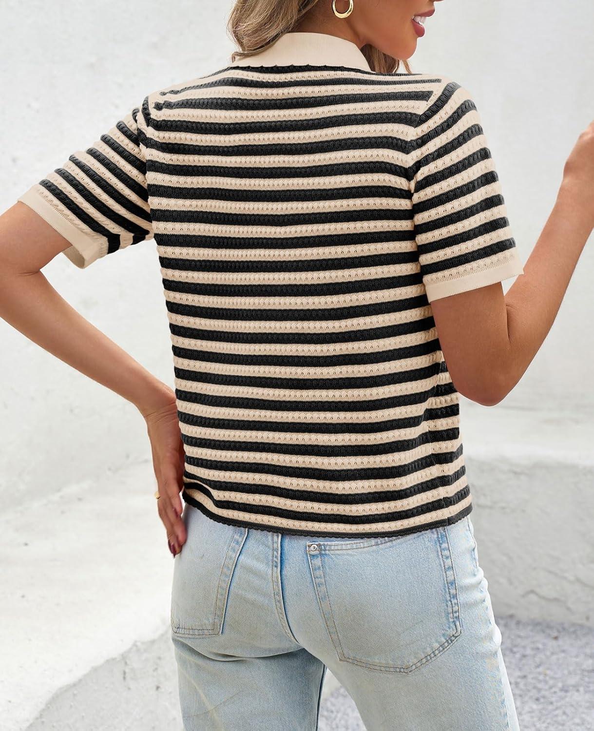 image:imageSaodimallsu Womens Striped Short Sleeve Sweater Tops Polo Collared Button Crochet Summer Cropped CardiganApricot