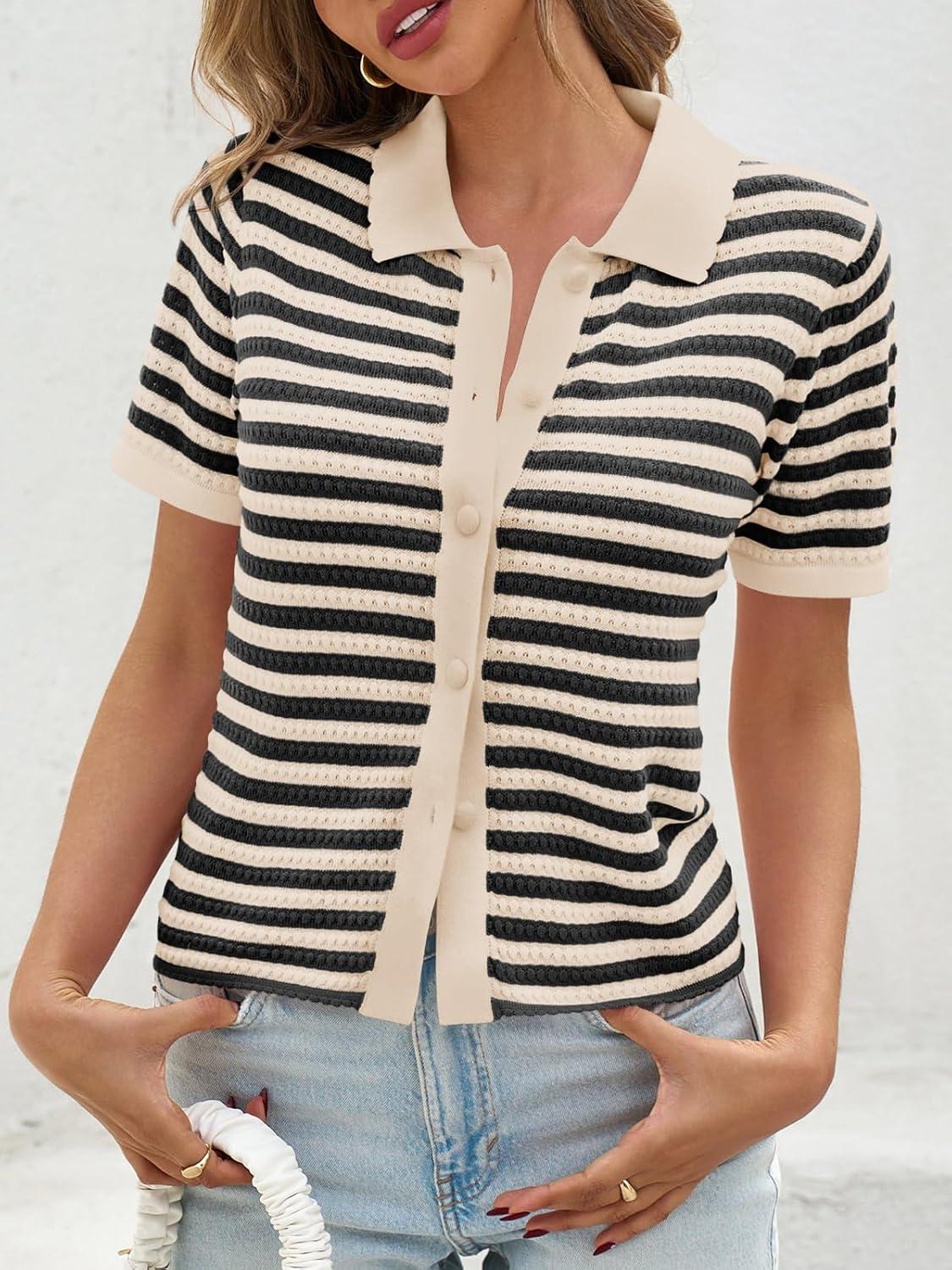 image:imageSaodimallsu Womens Striped Short Sleeve Sweater Tops Polo Collared Button Crochet Summer Cropped CardiganApricot