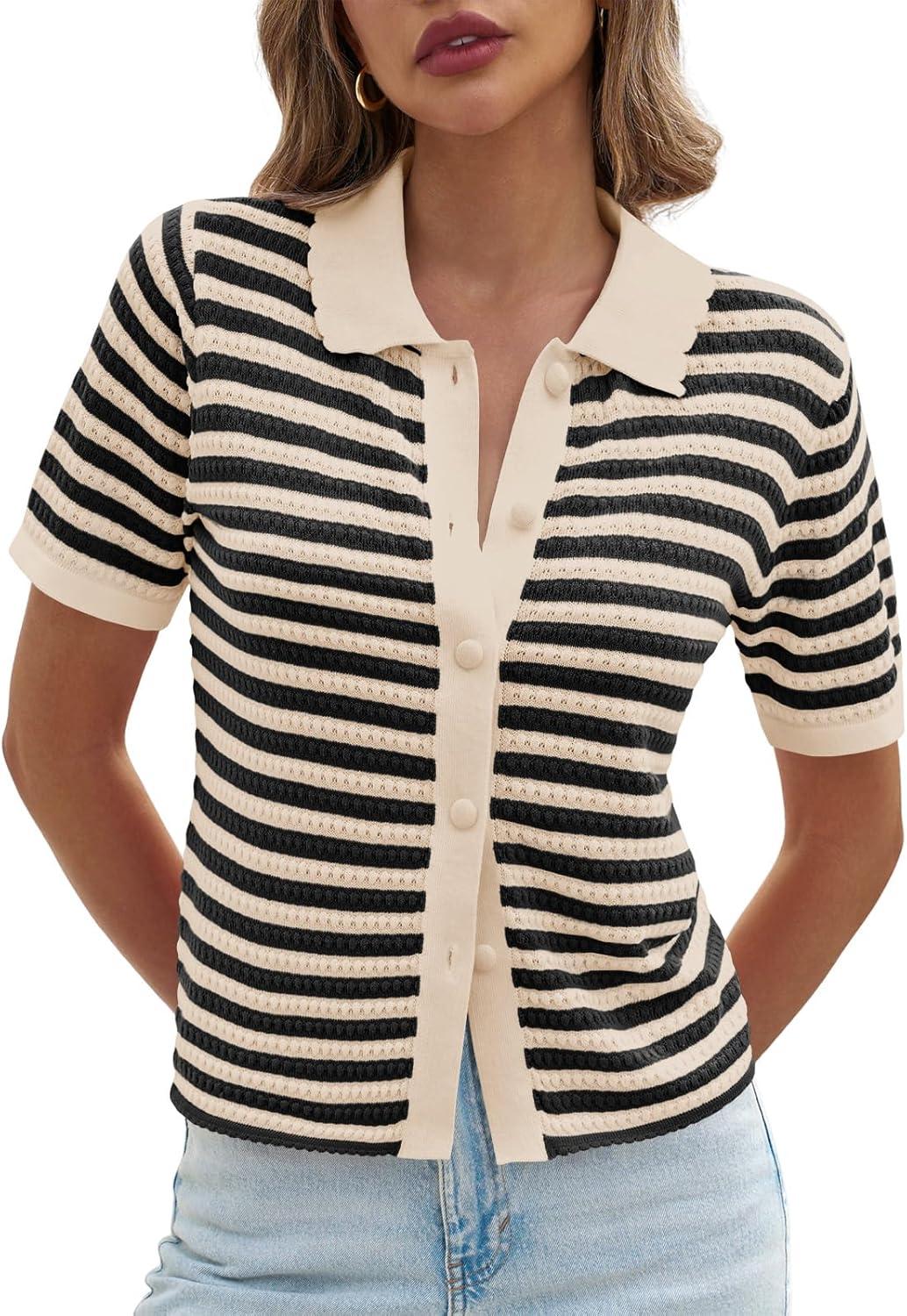 image:imageSaodimallsu Womens Striped Short Sleeve Sweater Tops Polo Collared Button Crochet Summer Cropped CardiganApricot