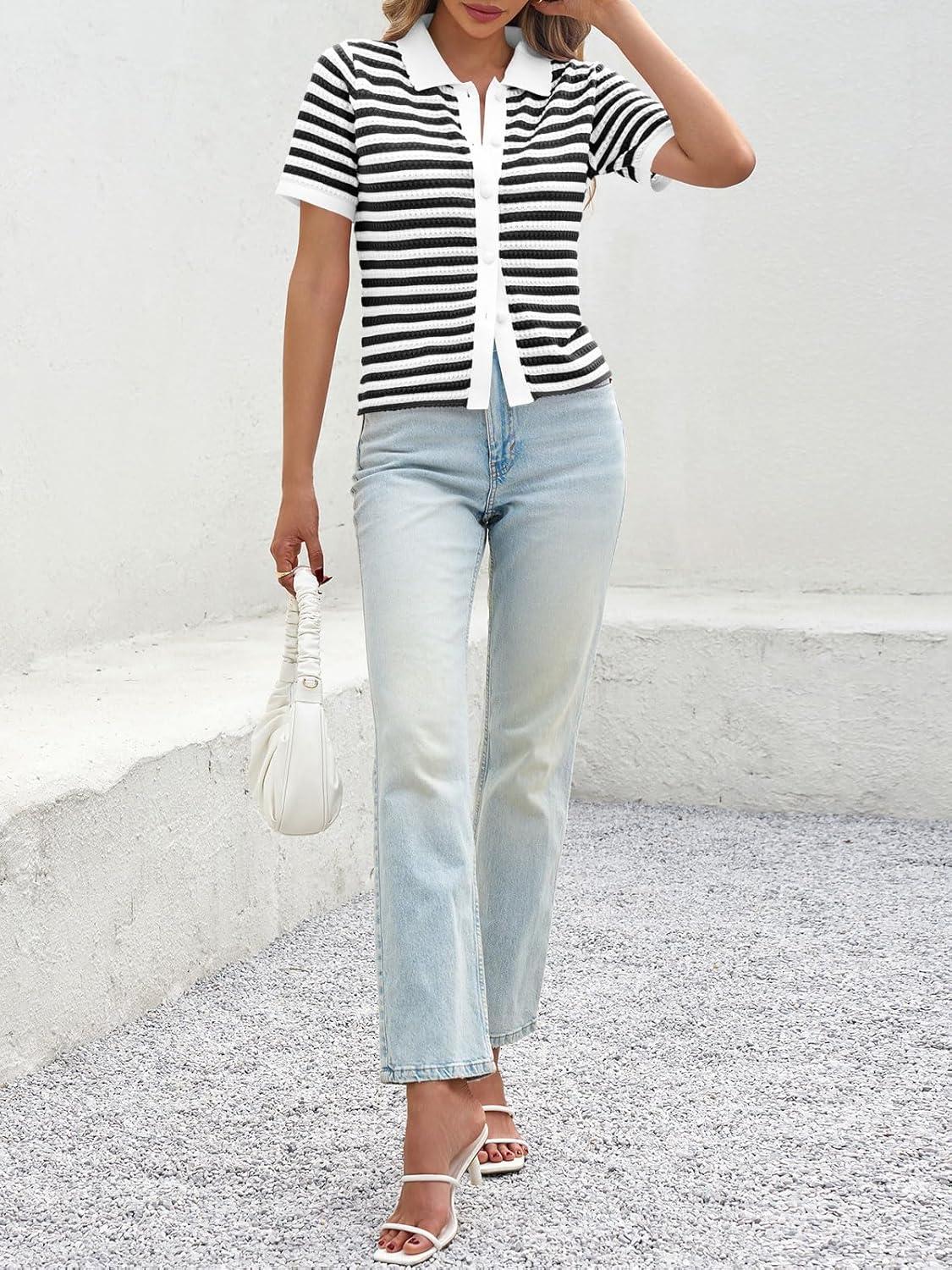 image:imageSaodimallsu Womens Striped Short Sleeve Sweater Tops Polo Collared Button Crochet Summer Cropped CardiganBlack