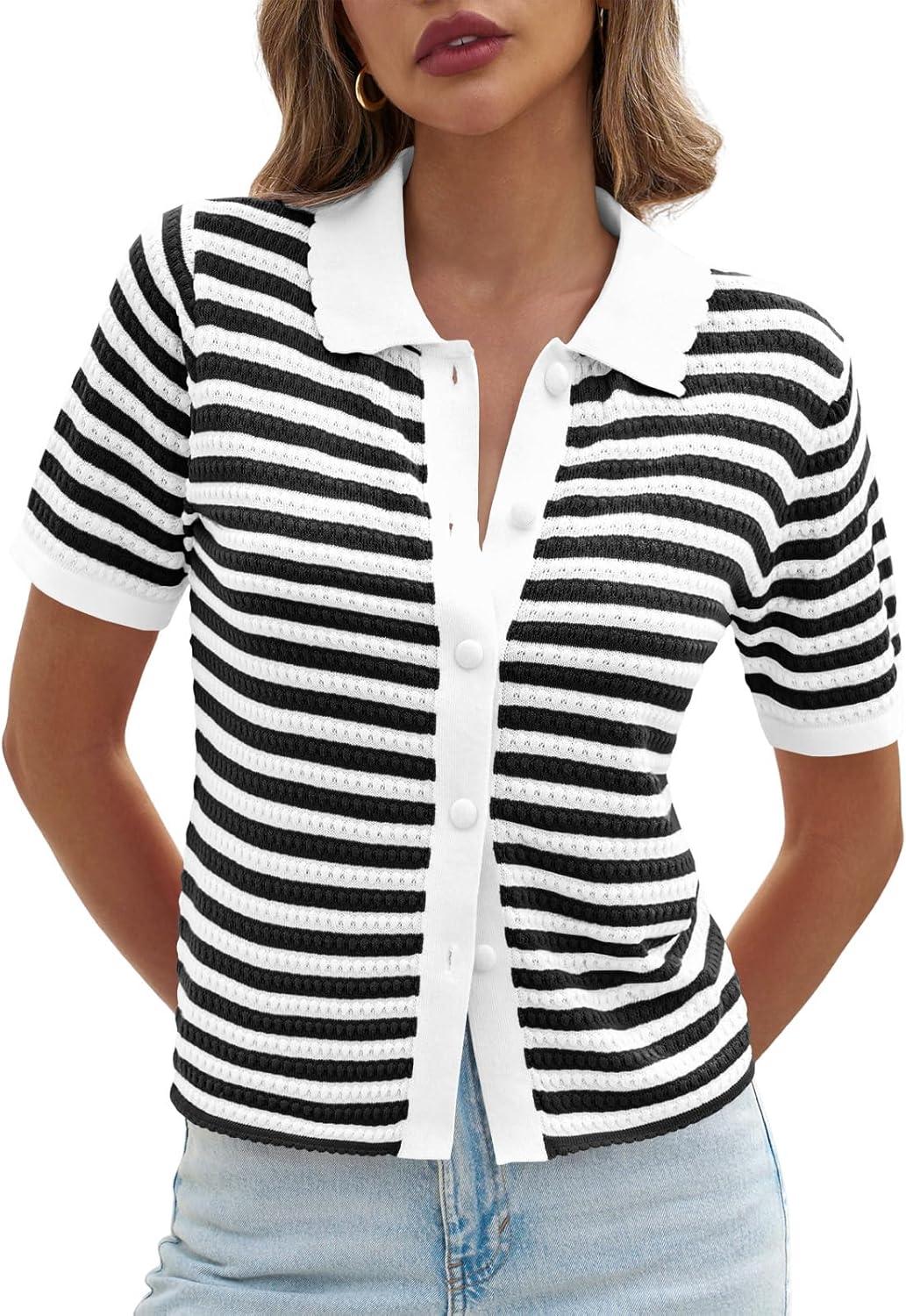 image:imageSaodimallsu Womens Striped Short Sleeve Sweater Tops Polo Collared Button Crochet Summer Cropped CardiganBlack