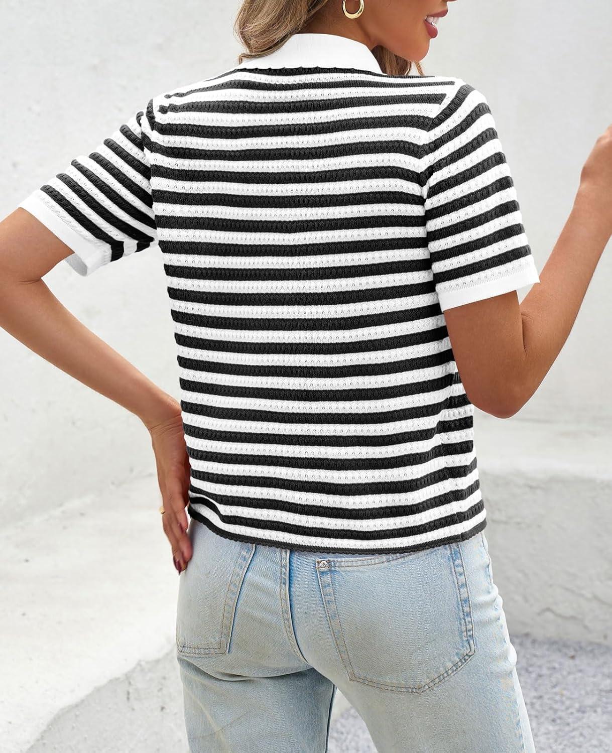image:imageSaodimallsu Womens Striped Short Sleeve Sweater Tops Polo Collared Button Crochet Summer Cropped CardiganBlack
