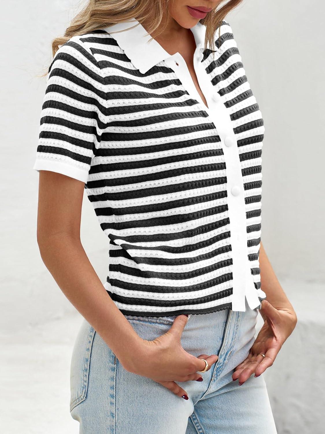 image:imageSaodimallsu Womens Striped Short Sleeve Sweater Tops Polo Collared Button Crochet Summer Cropped CardiganBlack