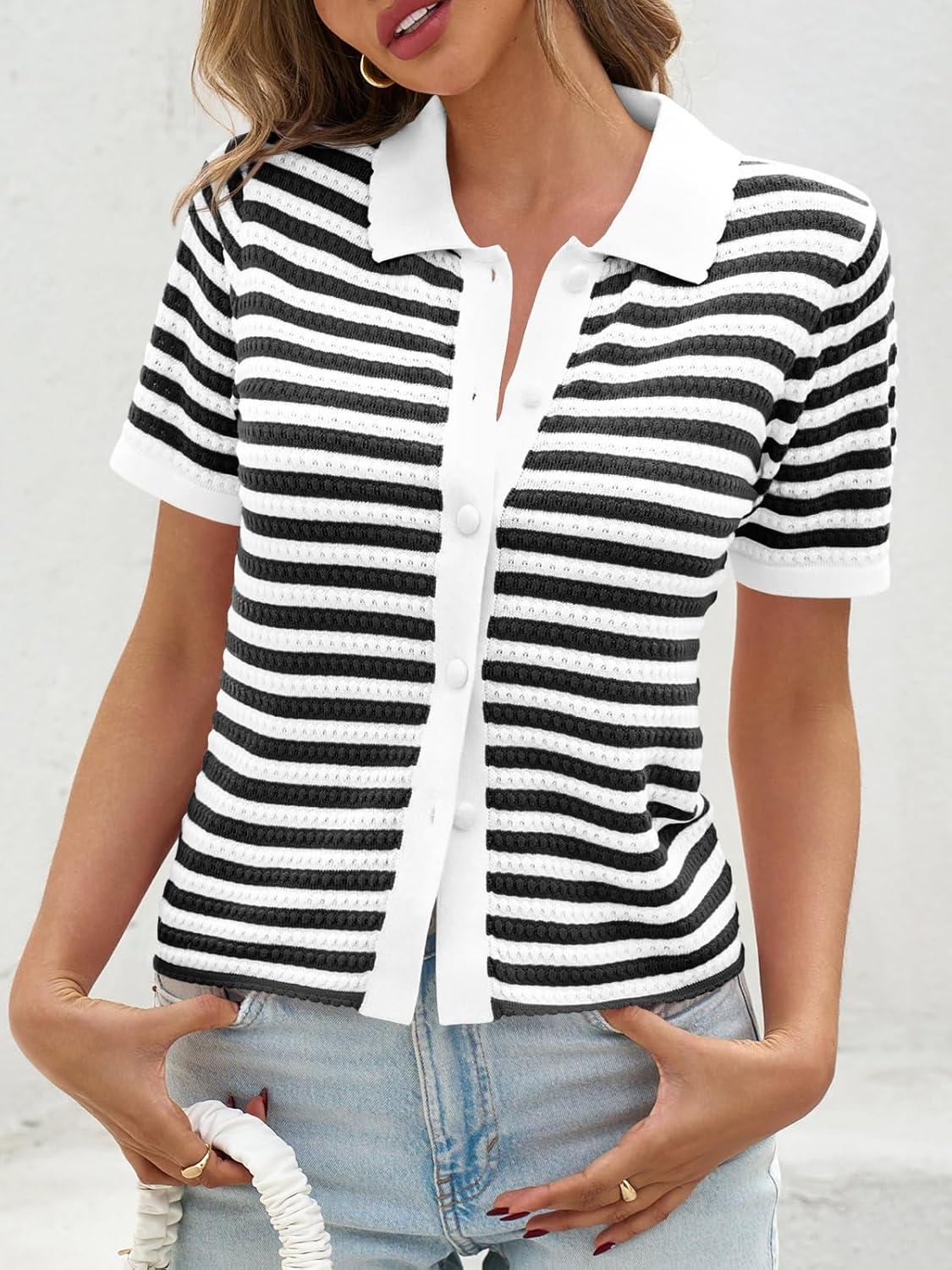 image:imageSaodimallsu Womens Striped Short Sleeve Sweater Tops Polo Collared Button Crochet Summer Cropped CardiganBlack