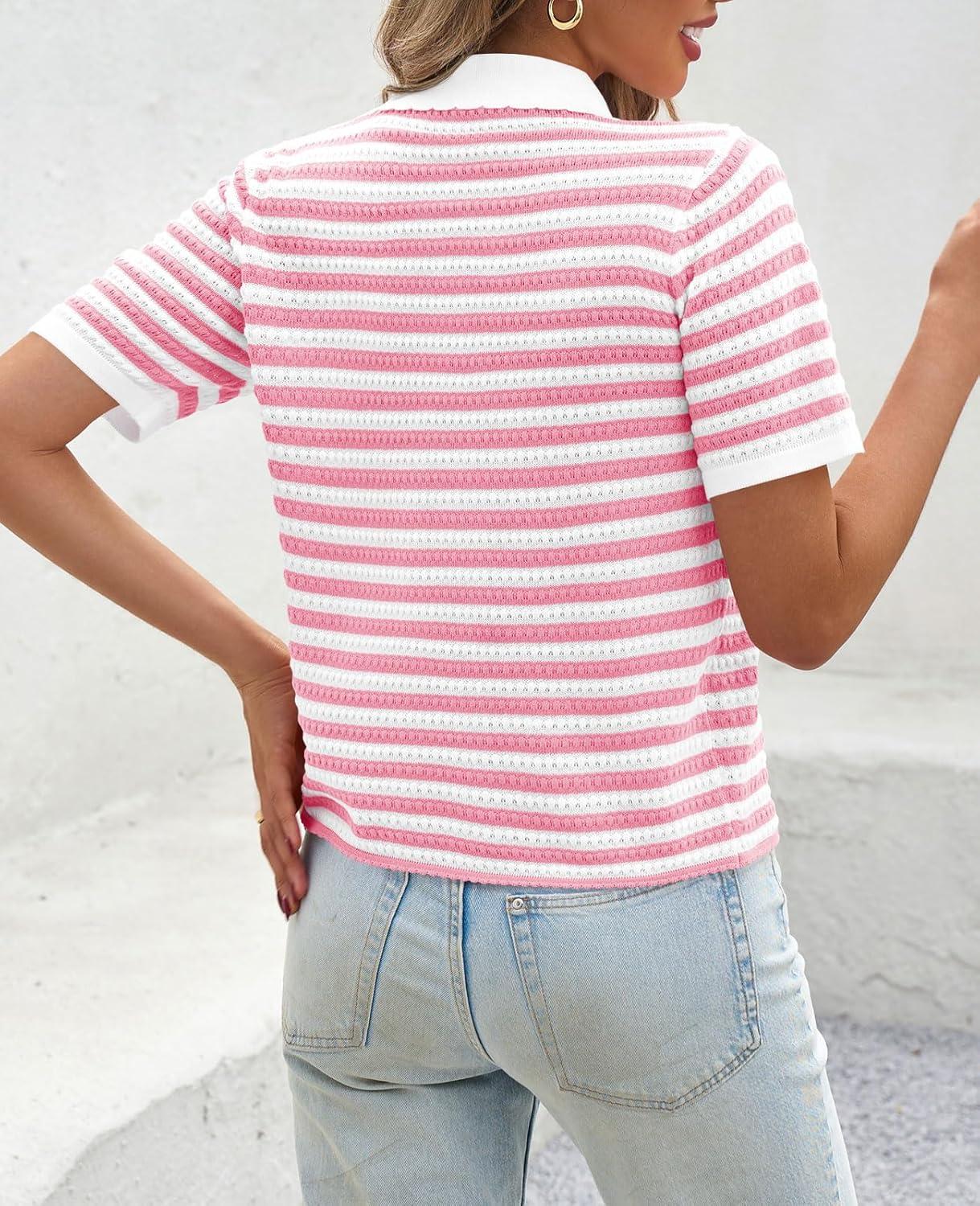 image:imageSaodimallsu Womens Striped Short Sleeve Sweater Tops Polo Collared Button Crochet Summer Cropped CardiganPink