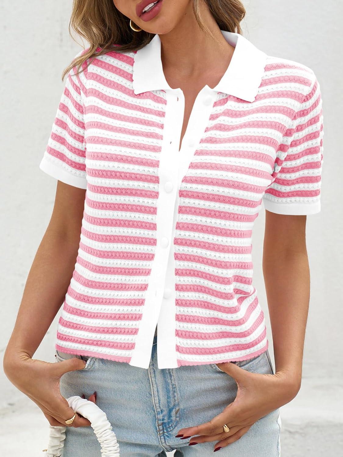 image:imageSaodimallsu Womens Striped Short Sleeve Sweater Tops Polo Collared Button Crochet Summer Cropped CardiganPink