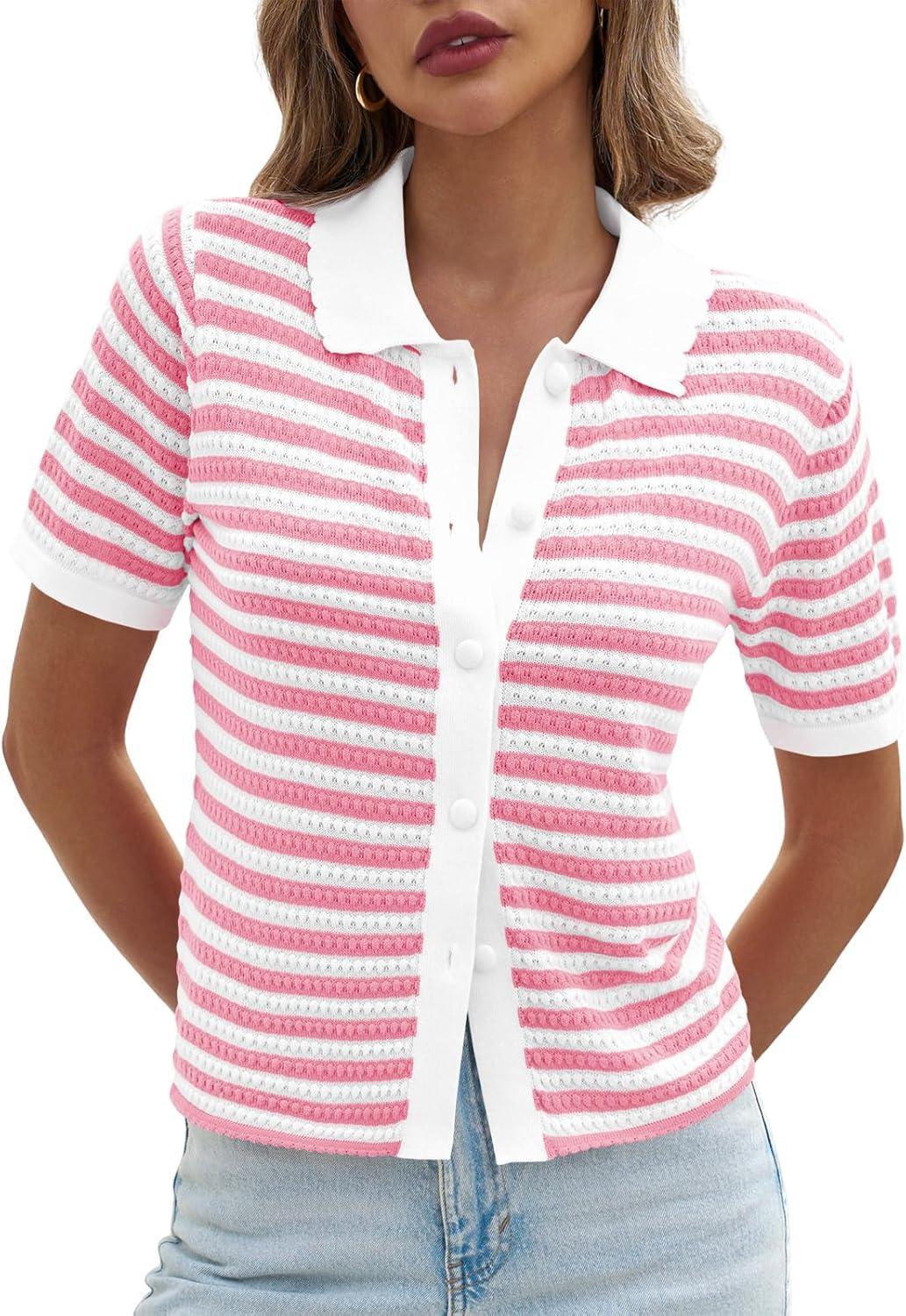 image:imageSaodimallsu Womens Striped Short Sleeve Sweater Tops Polo Collared Button Crochet Summer Cropped CardiganPink