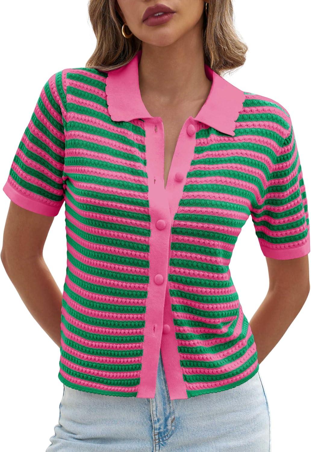 image:imageSaodimallsu Womens Striped Short Sleeve Sweater Tops Polo Collared Button Crochet Summer Cropped CardiganRose Red