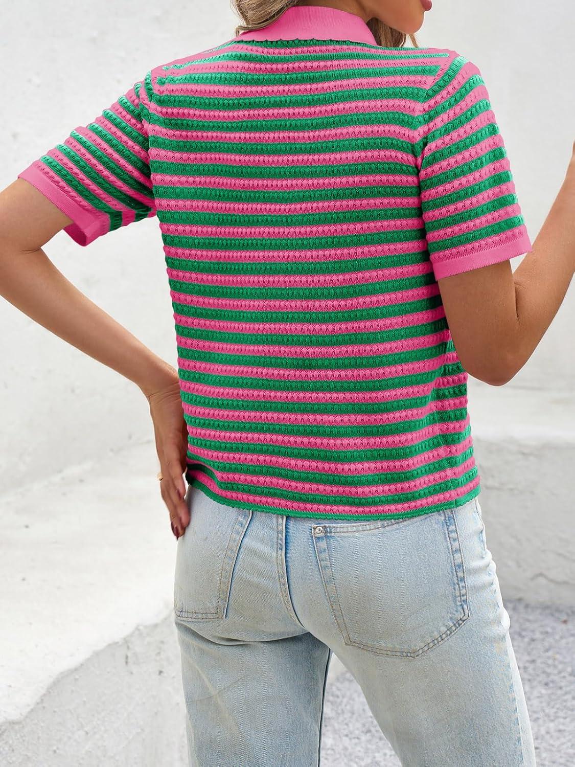 image:imageSaodimallsu Womens Striped Short Sleeve Sweater Tops Polo Collared Button Crochet Summer Cropped CardiganRose Red