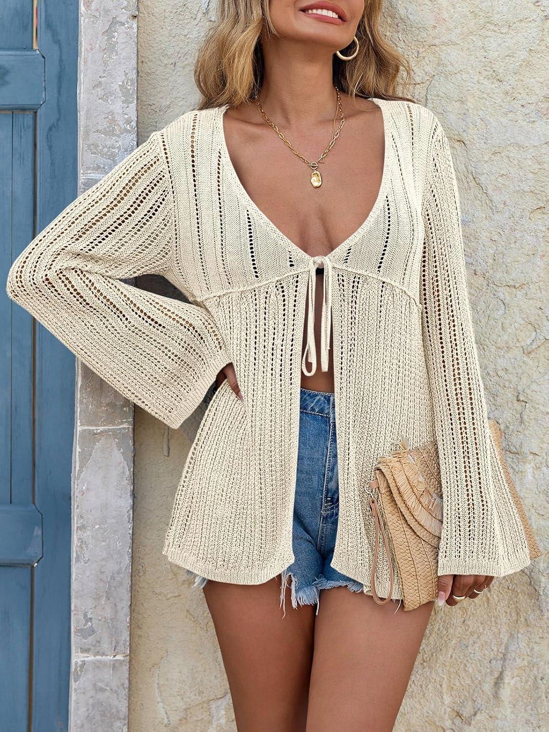 image:imageSaodimallsu Womens Summer Lightweight Tie Front Cardigans Crochet Knit Long Bell Sleeve Casual V Neck Beach Cover UpsApricot