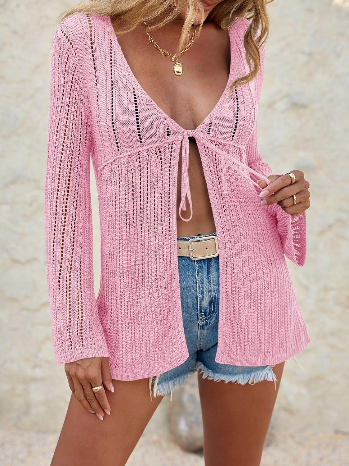 image:imageSaodimallsu Womens Summer Lightweight Tie Front Cardigans Crochet Knit Long Bell Sleeve Casual V Neck Beach Cover UpsLight Pink