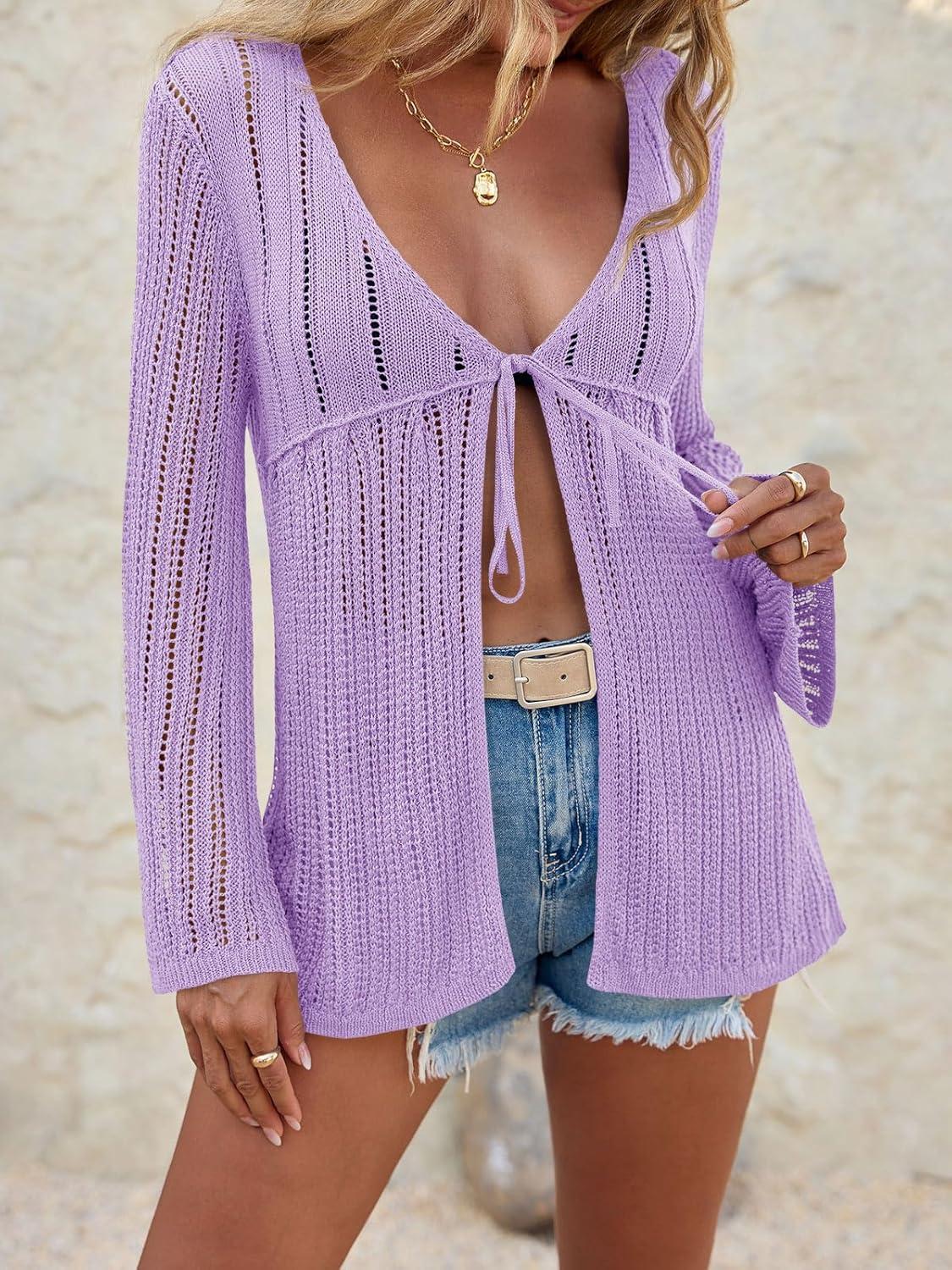 image:imageSaodimallsu Womens Summer Lightweight Tie Front Cardigans Crochet Knit Long Bell Sleeve Casual V Neck Beach Cover UpsPurple
