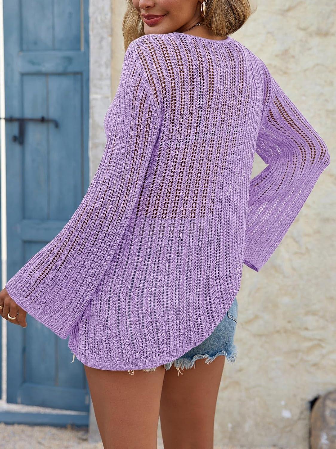 image:imageSaodimallsu Womens Summer Lightweight Tie Front Cardigans Crochet Knit Long Bell Sleeve Casual V Neck Beach Cover UpsPurple