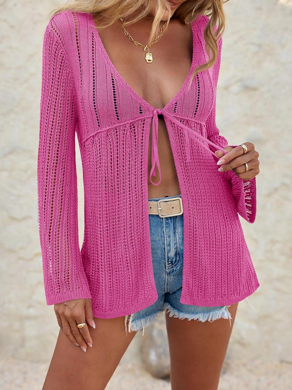 image:imageSaodimallsu Womens Summer Lightweight Tie Front Cardigans Crochet Knit Long Bell Sleeve Casual V Neck Beach Cover UpsRose Red