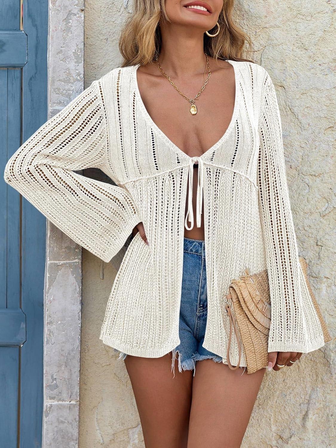 image:imageSaodimallsu Womens Summer Lightweight Tie Front Cardigans Crochet Knit Long Bell Sleeve Casual V Neck Beach Cover UpsWhite