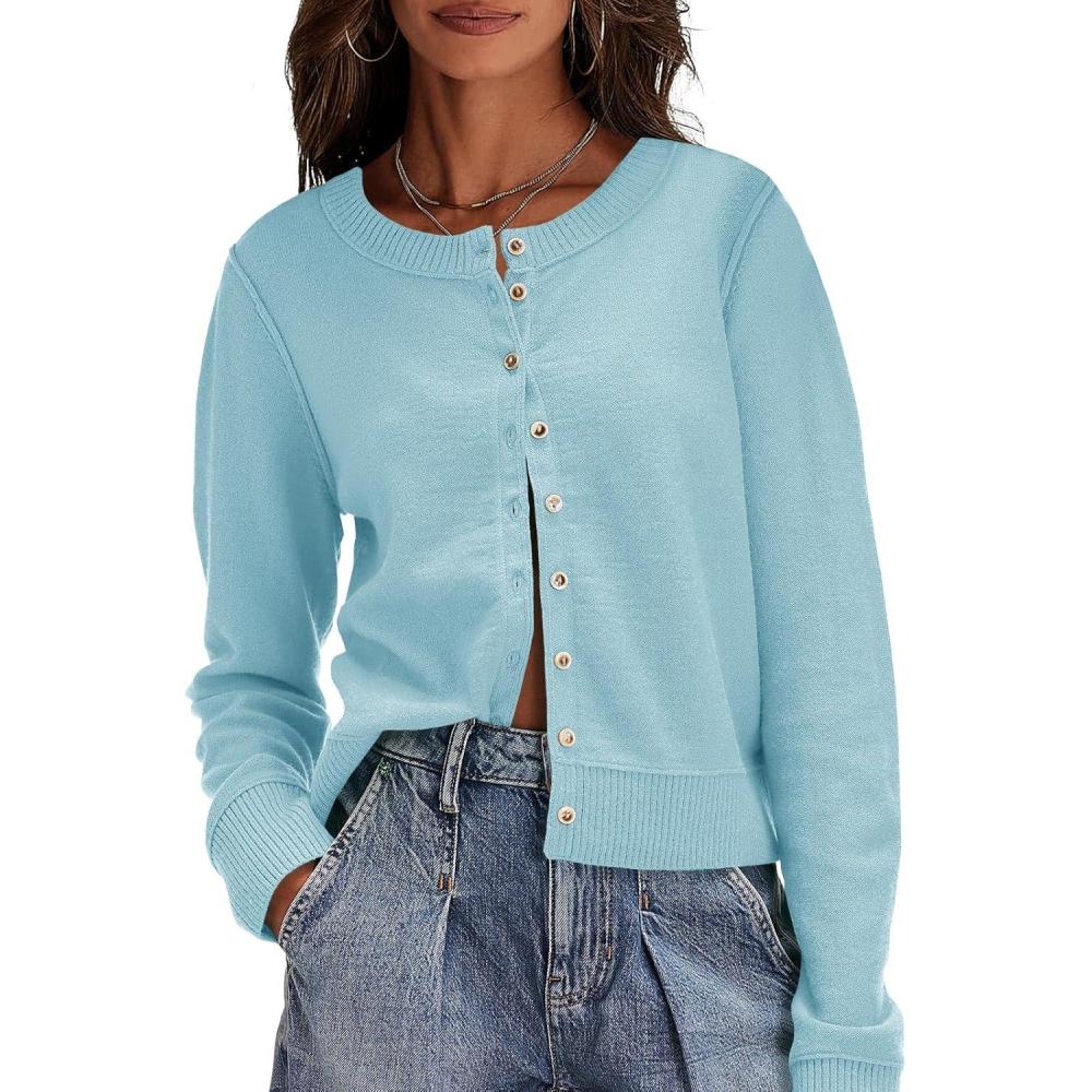 image:imageSaodimallsu Womens Button Down Cardigan Sweaters Lightweight Long Sleeve Crew Neck Summer Knit Open Front TopsBlue Green