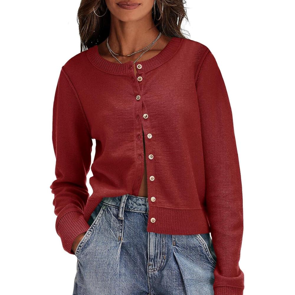 image:imageSaodimallsu Womens Button Down Cardigan Sweaters Lightweight Long Sleeve Crew Neck Summer Knit Open Front TopsBurgundy