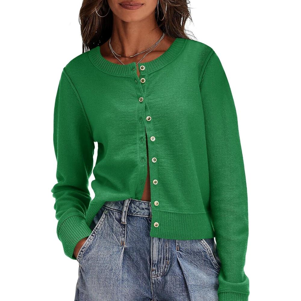 image:imageSaodimallsu Womens Button Down Cardigan Sweaters Lightweight Long Sleeve Crew Neck Summer Knit Open Front TopsGreen