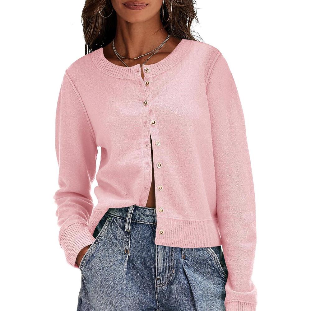 image:imageSaodimallsu Womens Button Down Cardigan Sweaters Lightweight Long Sleeve Crew Neck Summer Knit Open Front TopsPink