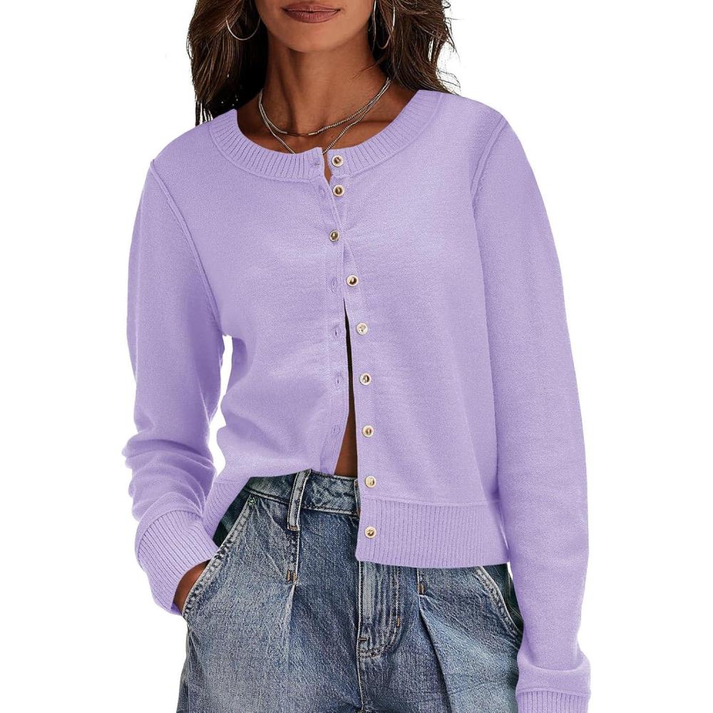 image:imageSaodimallsu Womens Button Down Cardigan Sweaters Lightweight Long Sleeve Crew Neck Summer Knit Open Front TopsPurple