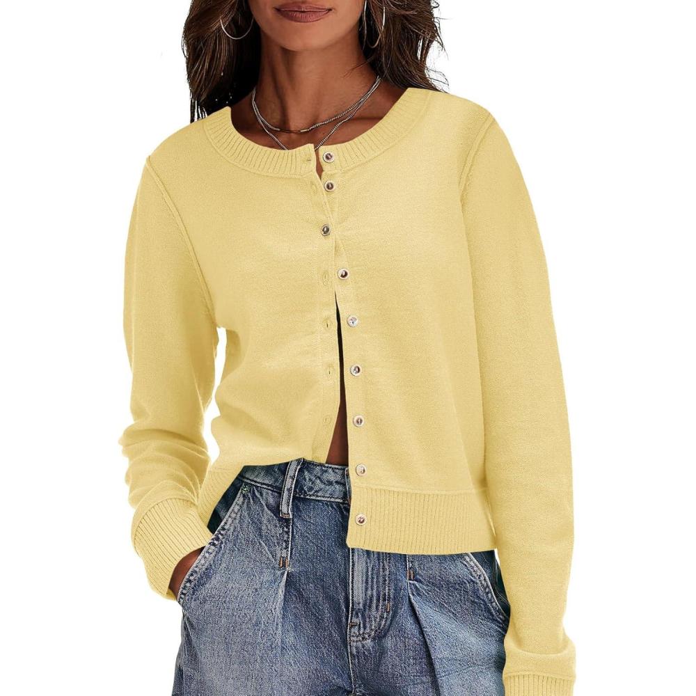 image:imageSaodimallsu Womens Button Down Cardigan Sweaters Lightweight Long Sleeve Crew Neck Summer Knit Open Front TopsYellow