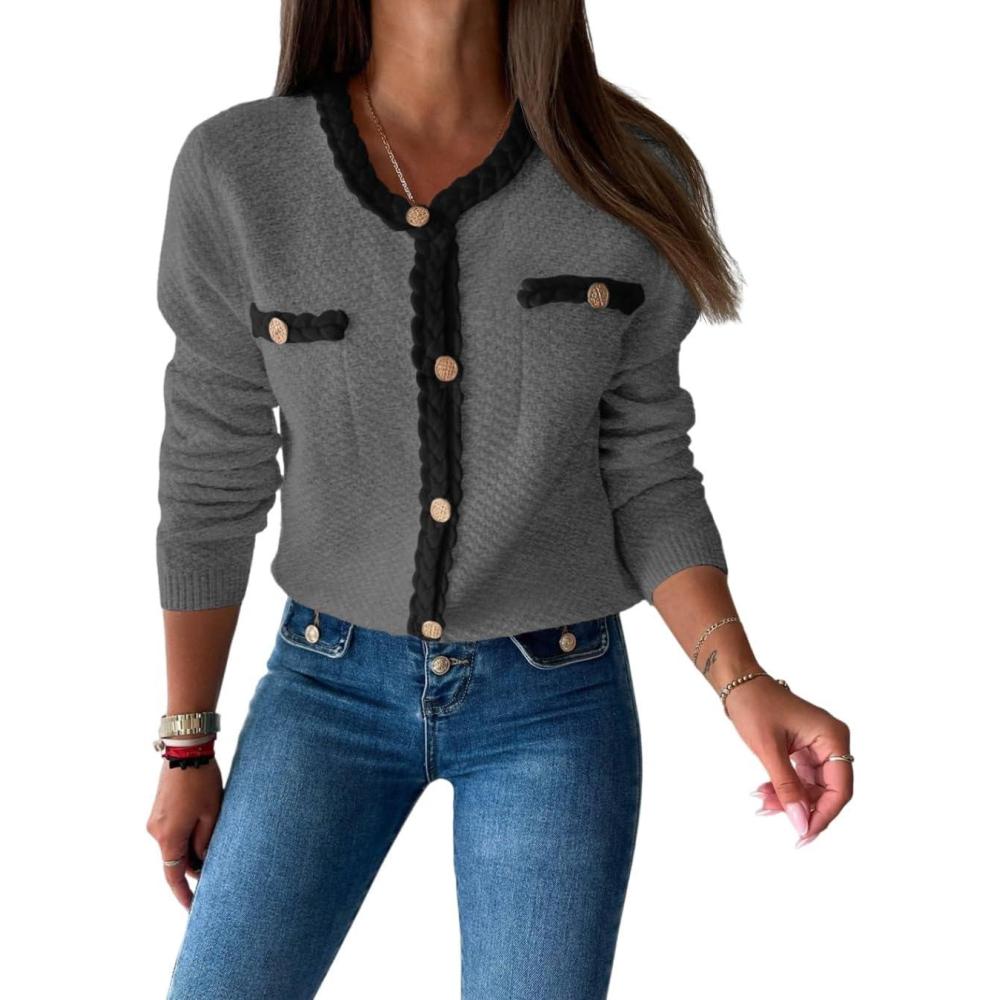 image:imageSaodimallsu Womens Button Up Cardigan Long Sleeve Open Front Cable Knit Fall Trendy Sweater Jacket with PocketsGrey