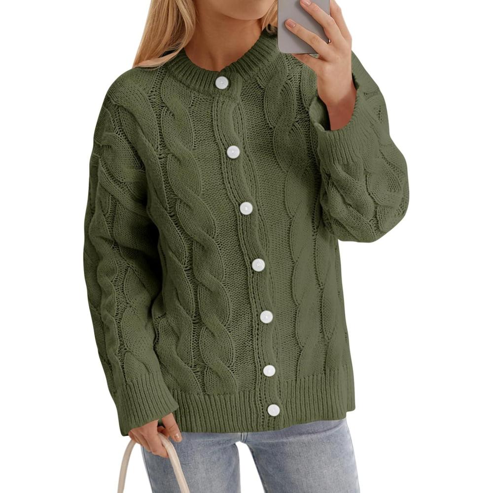 image:imageSaodimallsu Womens Cable Knit Cardigan Sweaters Long Sleeve Button Down Crewneck Casual Loose Fall Sweater CoatsArmy Green