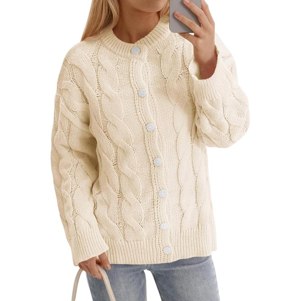 image:imageSaodimallsu Womens Cable Knit Cardigan Sweaters Long Sleeve Button Down Crewneck Casual Loose Fall Sweater CoatsBeige