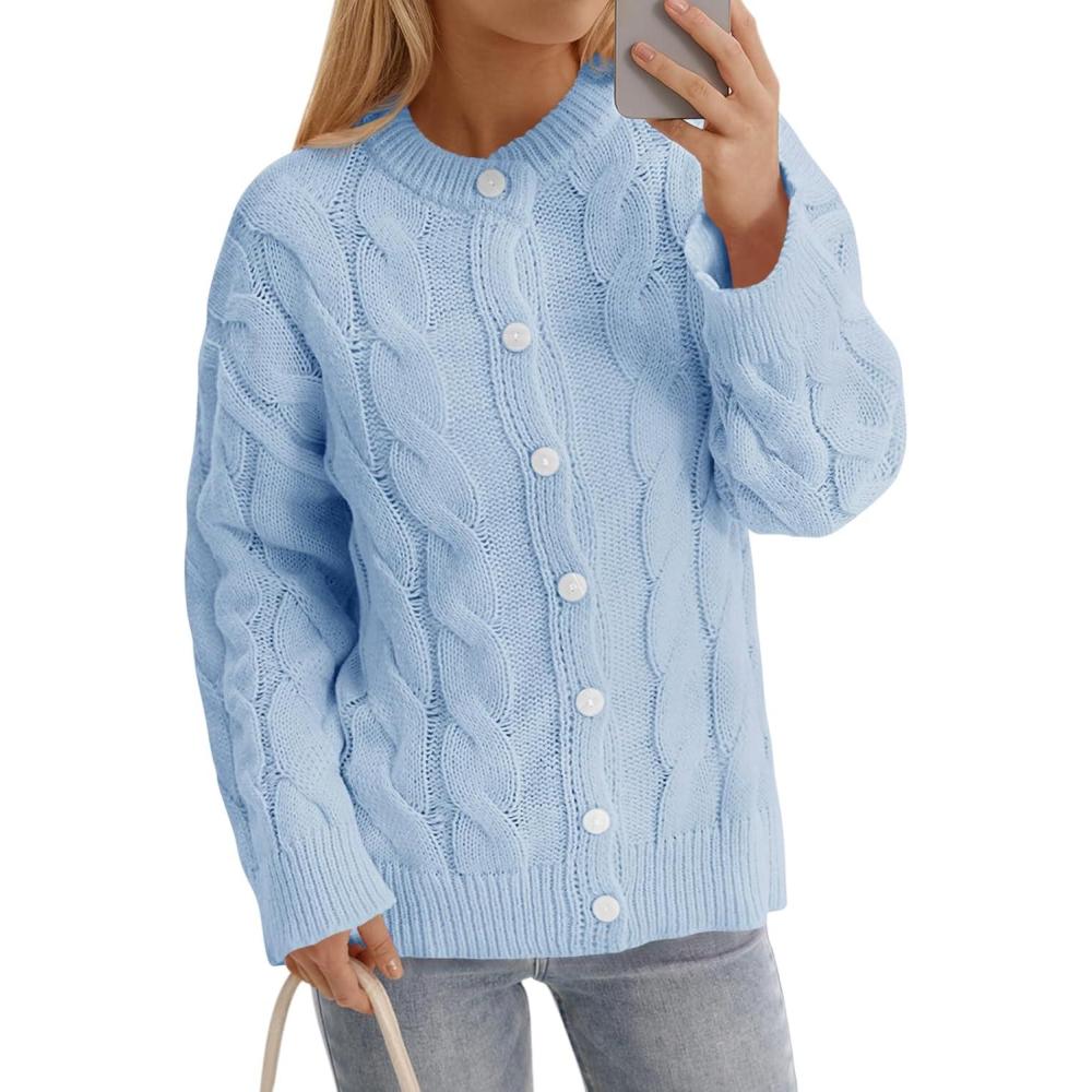 image:imageSaodimallsu Womens Cable Knit Cardigan Sweaters Long Sleeve Button Down Crewneck Casual Loose Fall Sweater CoatsBlue