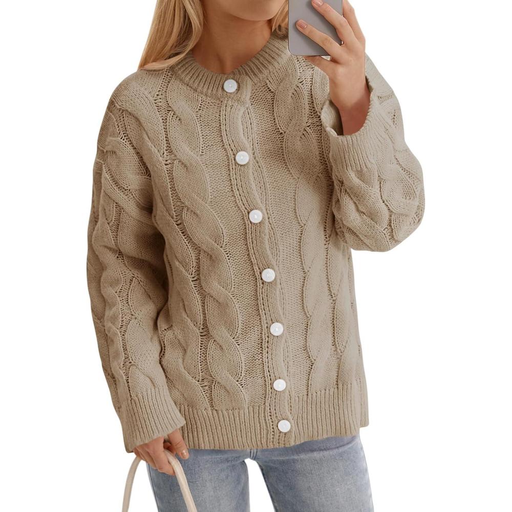 image:imageSaodimallsu Womens Cable Knit Cardigan Sweaters Long Sleeve Button Down Crewneck Casual Loose Fall Sweater CoatsKhaki