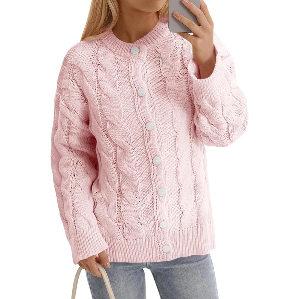 image:imageSaodimallsu Womens Cable Knit Cardigan Sweaters Long Sleeve Button Down Crewneck Casual Loose Fall Sweater CoatsPink