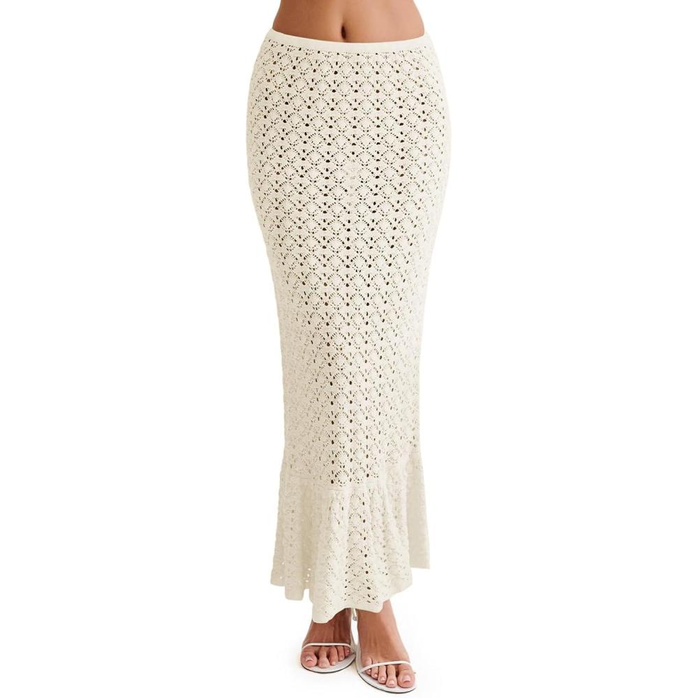 image:imageSaodimallsu Womens Crochet Cover Up Skirt High Waisted Sheer Knit Summer Swimsuit Coverup Beach Fishtail Maxi SkirtsBeige