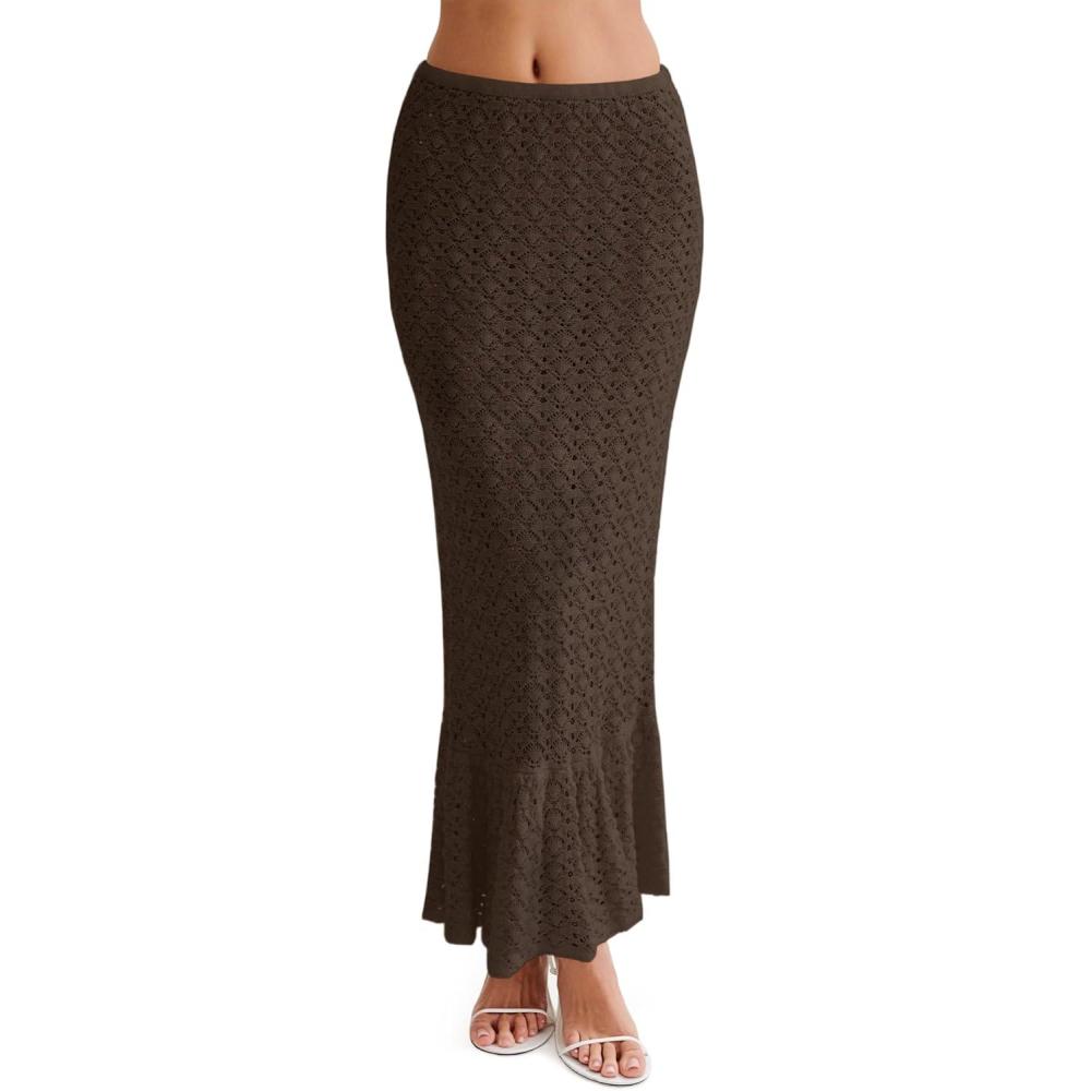 image:imageSaodimallsu Womens Crochet Cover Up Skirt High Waisted Sheer Knit Summer Swimsuit Coverup Beach Fishtail Maxi SkirtsCoffee