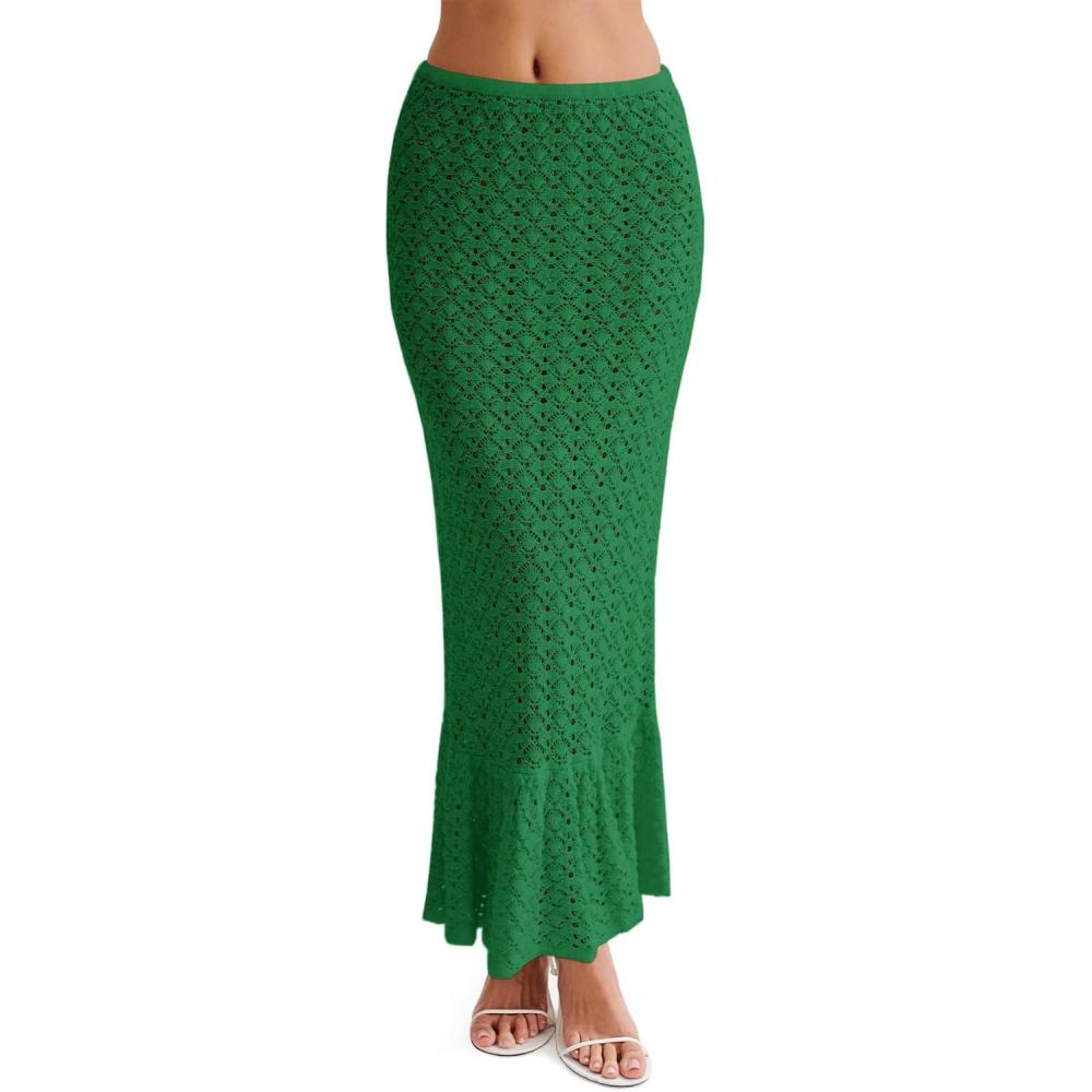 image:imageSaodimallsu Womens Crochet Cover Up Skirt High Waisted Sheer Knit Summer Swimsuit Coverup Beach Fishtail Maxi SkirtsDark Green