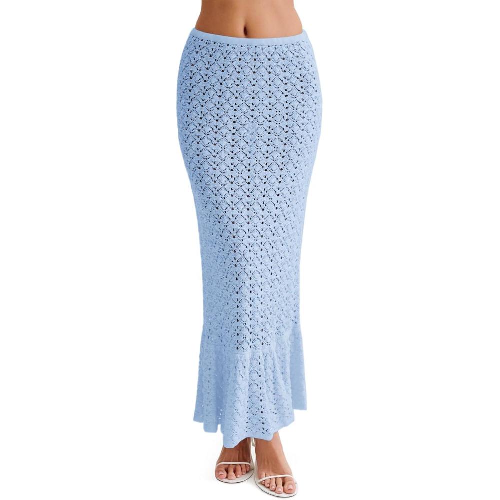 image:imageSaodimallsu Womens Crochet Cover Up Skirt High Waisted Sheer Knit Summer Swimsuit Coverup Beach Fishtail Maxi SkirtsLight Blue