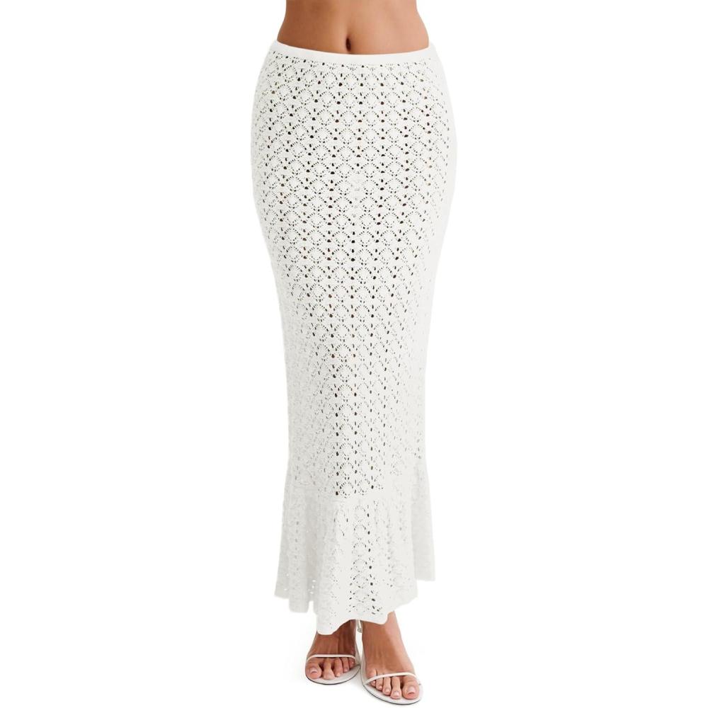 image:imageSaodimallsu Womens Crochet Cover Up Skirt High Waisted Sheer Knit Summer Swimsuit Coverup Beach Fishtail Maxi SkirtsWhite