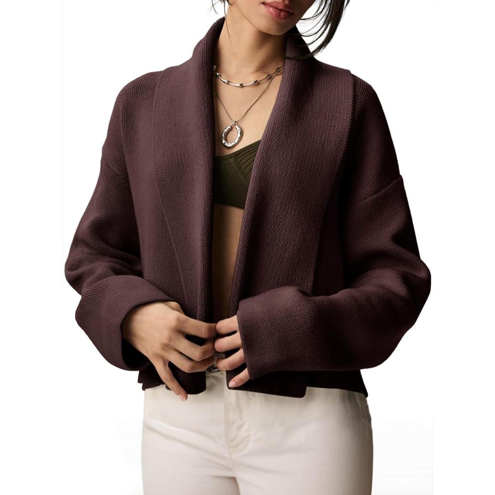 image:imageSaodimallsu Womens Cropped Cardigan Open Front Shawl 2026 Fall Trendy Long Sleeve Sweater JacketBrown