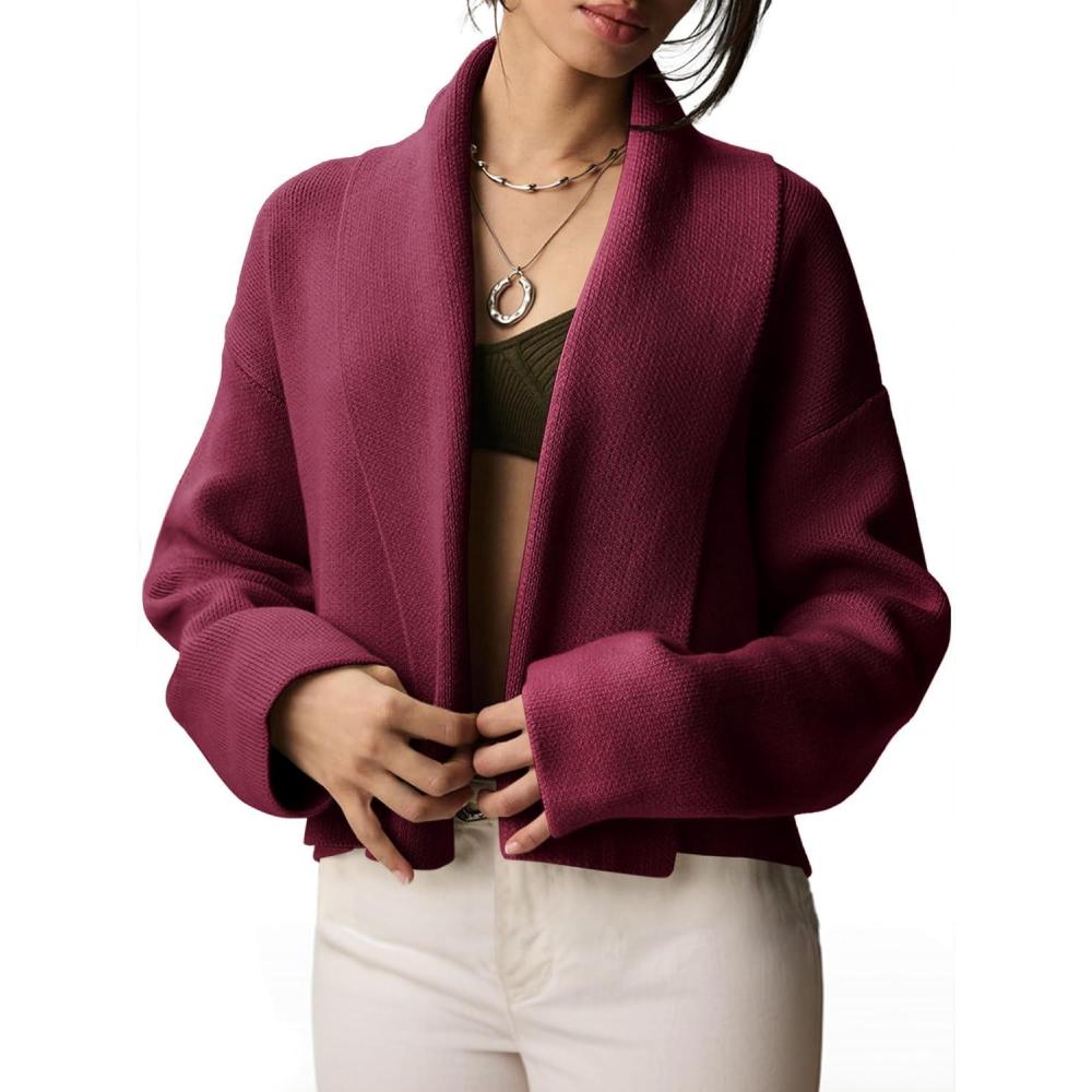 image:imageSaodimallsu Womens Cropped Cardigan Open Front Shawl 2026 Fall Trendy Long Sleeve Sweater JacketBurgundy