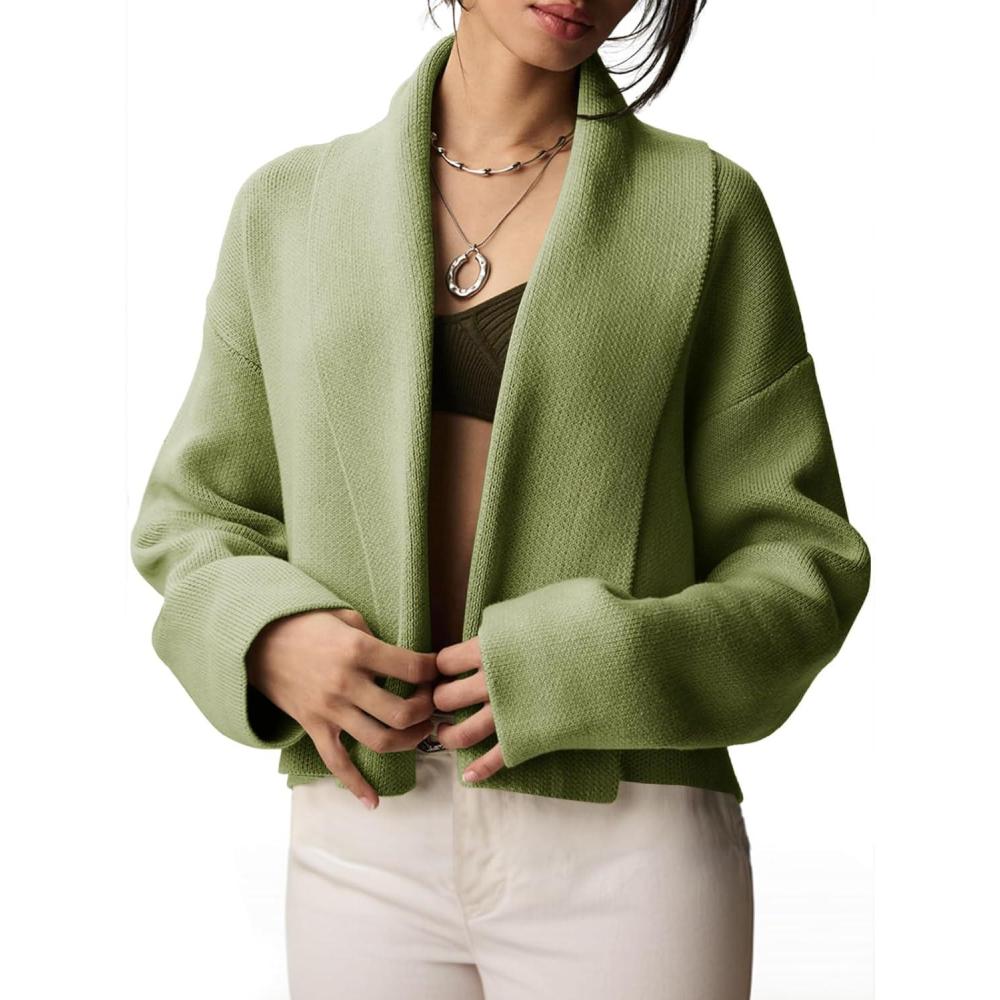 image:imageSaodimallsu Womens Cropped Cardigan Open Front Shawl 2026 Fall Trendy Long Sleeve Sweater JacketGreen