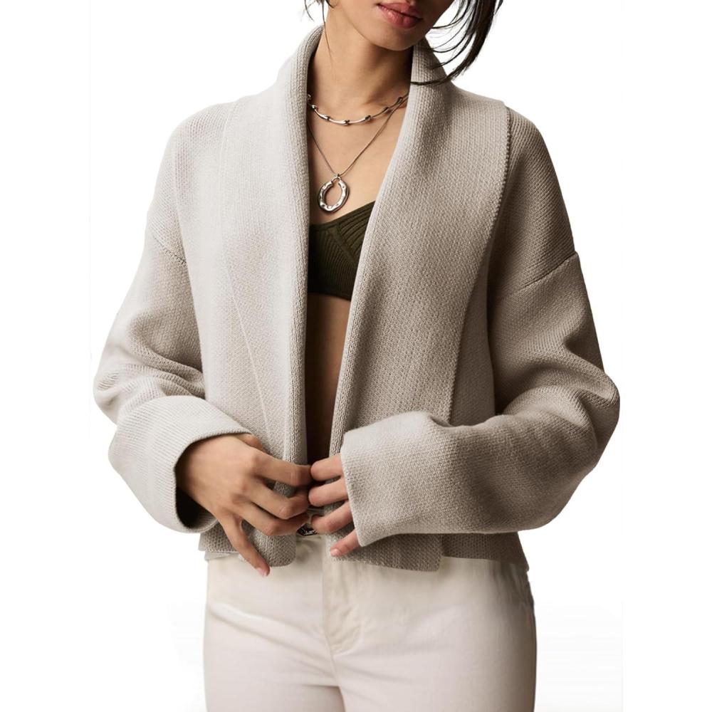 image:imageSaodimallsu Womens Cropped Cardigan Open Front Shawl 2026 Fall Trendy Long Sleeve Sweater JacketLight Khaki